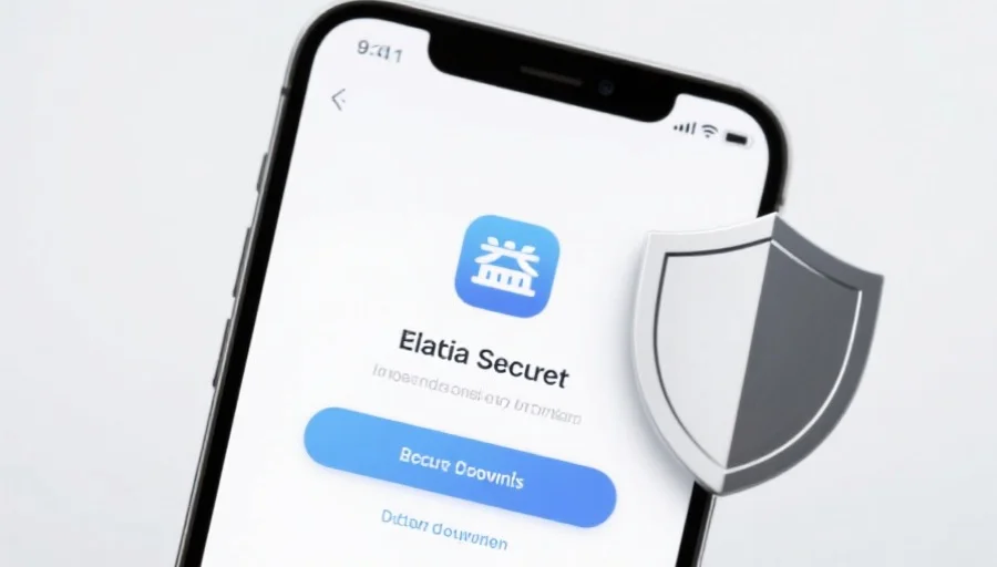 一部现代智能手机屏幕上显示意昂4应用的安全下载界面，旁边有安全盾牌图标，背景简洁